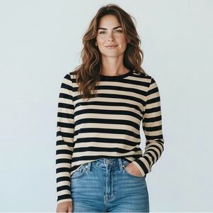 J.CREW Women’s Black and Beige Striped Long-Sleeve Top Sz Small